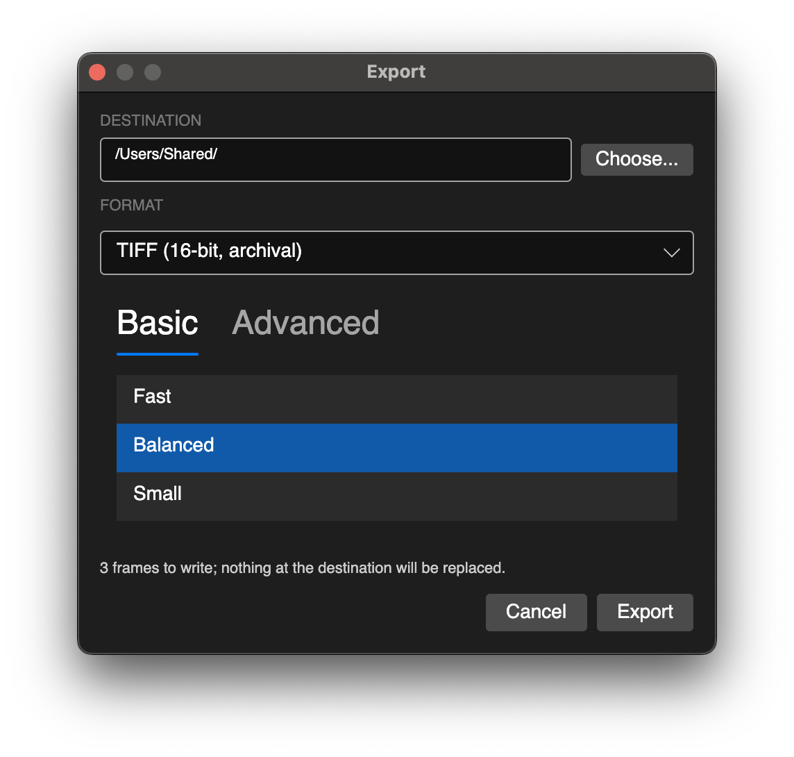The Export dialog: destination, format, and the Fast, Balanced and Small presets.